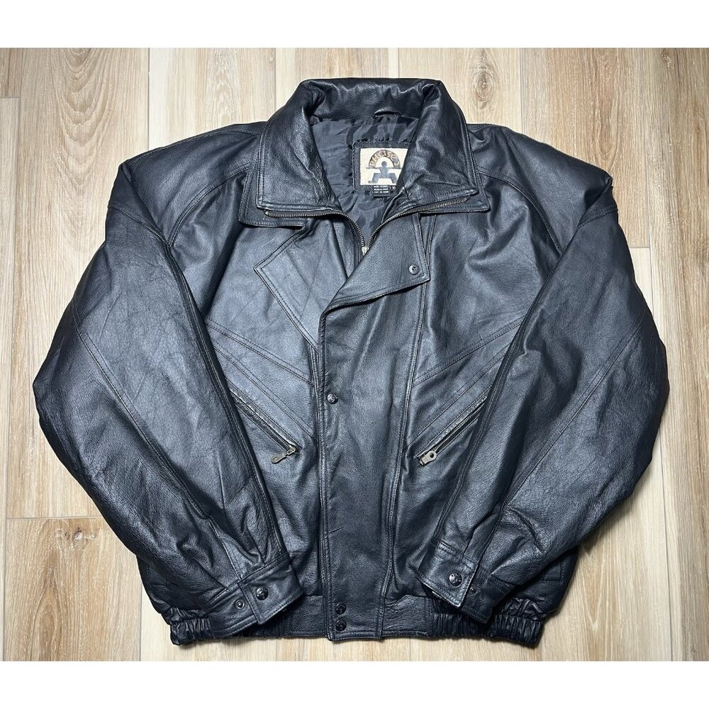 Vintage Phase 2 Full Zip Snap Black Bomber Leather Jacket - Men Size XL